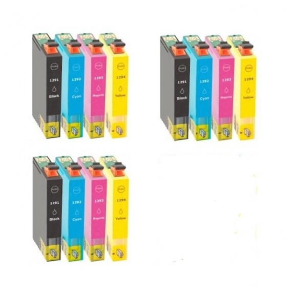 12 CARTUCCE T1281 T1282 T1283 T1284 COMPATIBILI C13T12854010 PER EPSON S22 SX125 420W BX305FW N 3 T1281 + N 3 T1282/3/4