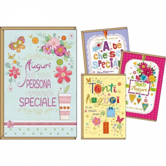 Biglietti augurali Kartos Tanti auguri 11,7x17 cm - Fiori e farfalle - Conf. 12 pezzi - 07549601