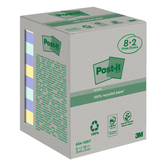 Blocco foglietti Post-it® - 654-RCP10 - 76 x 76 mm - carta riciclata - colori pastel - 100 fogli - Post-it® - conf. 10
