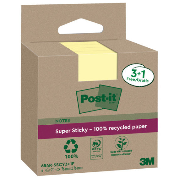 Blocco foglietti Post it® SuperSticky Green - 654R-SSCY3+1 - 76 x 76 mm - carta riciclata - giallo Canary - 70 fogli -