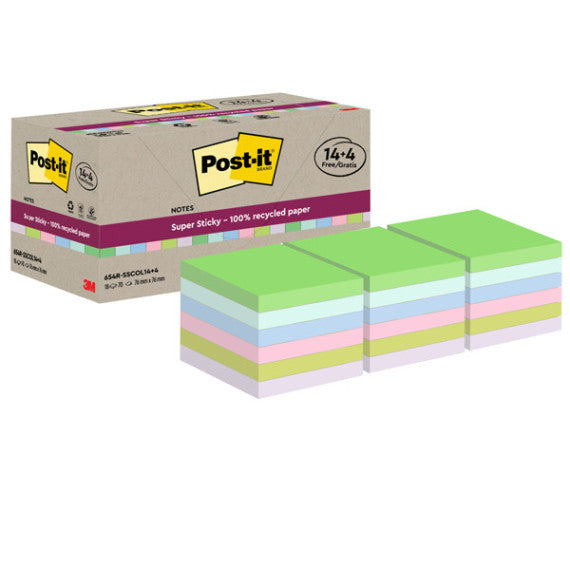 Blocco foglietti Post it® SuperSticky Green - SSCOL14+4 - 76 x 76 mm - carta riciclata - colori pastello assortiti - 70