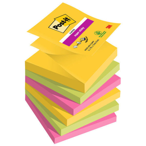 Blocco foglietti Super Sticky Z-Notes - R330-6SS-CARN - 76 x 76 mm - colori asssortiti - 90 fogli - Post-it® - conf. 6
