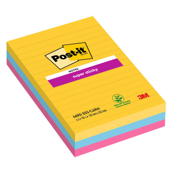 Blocco Post it® Super Sticky - 4690-3SS-CARN - a righe - 101 x 152 mm - colori Carnival - 90 fogli - Post it® - conf.