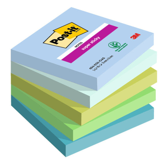 Blocco Post it® Super Sticky - 654-5SS-OAS - 76 x 76 mm - colori Oasis - 90 fogli - Post it® - conf. 5 pezzi