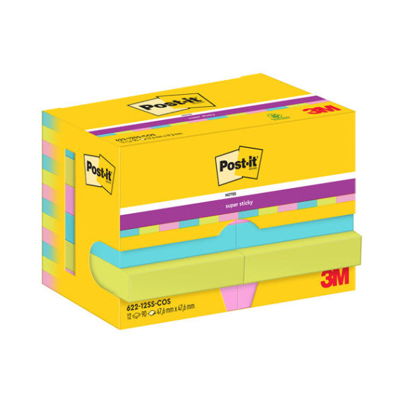 Blocco Post it® Super Sticky - 655-6SS-PLAY - 47,6 x 47,6 mm - colori Cosmic - 90 fogli - Post it® - conf. 12 pezzi