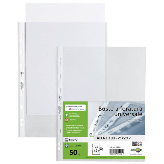 Buste in PP liscio Sei Rota Atla T 100 - medio spessore trasparente 22x30 cm - conf. 50 pezzi - 662114