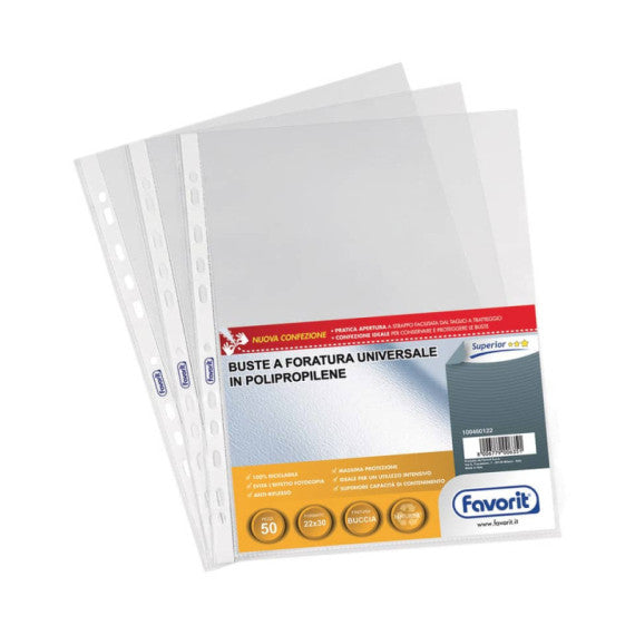 Buste trasp. a foratura universale FAVORIT buccia d'arancia superior 22x30 cm conf. da 50 - 100460122