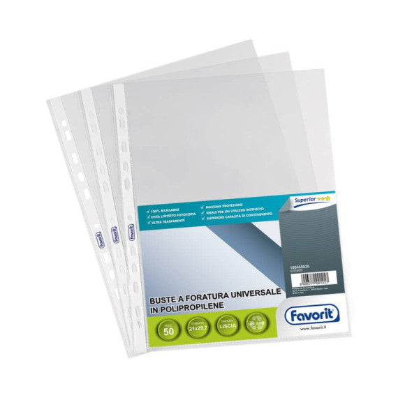Buste trasp. a foratura universale FAVORIT liscia superior 21x29,7 cm conf. da 50 - 100460025