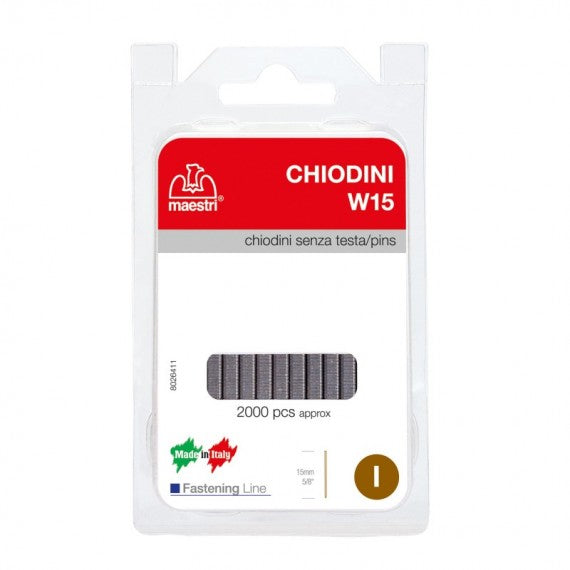 Chiodini W15 per fissatrici - senza testa - 15 mm - acciaio - Romeo Maestri - conf. 2000 pezzi