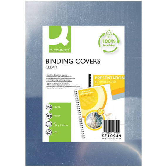 Copertine per rilegatura Q-Connect in PET A4 lucide conf. 100 pz 150 micron KF10949