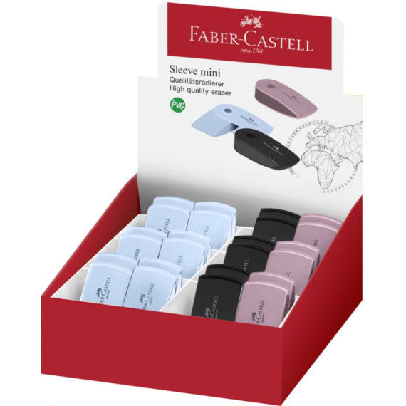 Display 24 gomme Faber-Castell mini Sleeve - colori assortiti nero, blu, rosa - 182477