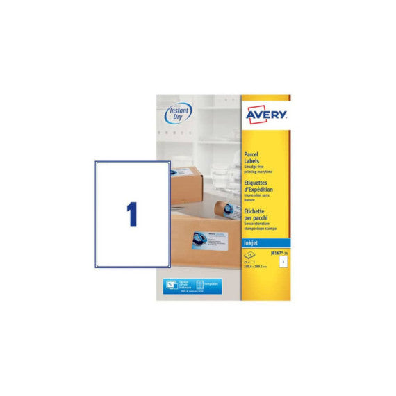 Etichette bianche per pacchi AVERY QuickDRY? 199,6x289,1 mm - 1 et/foglio - stampanti inkjet - cf. 25 fogli J8167-25