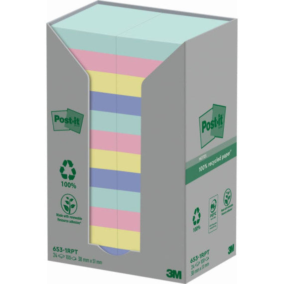 Foglietti Post-it® Notes in carta riciclata assortiti pastello conf. Torre da 24 blocchetti da 100 ff - 653-1RPTN