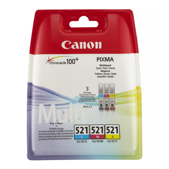 MULTIPACK CANON CLI-521C-M-Y 2934B010AA CARTUCCIA ORIGINALE PER CANON Ip3600,IP4600,MP540,MP620,MP630 CAPACITA' 9mlx3
