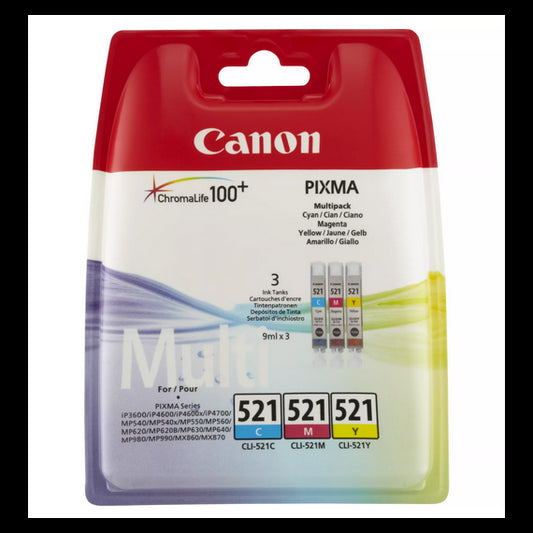 MULTIPACK CANON CLI-521C-M-Y 2934B010AA CARTUCCIA ORIGINALE PER CANON Ip3600,IP4600,MP540,MP620,MP630 CAPACITA' 9mlx3