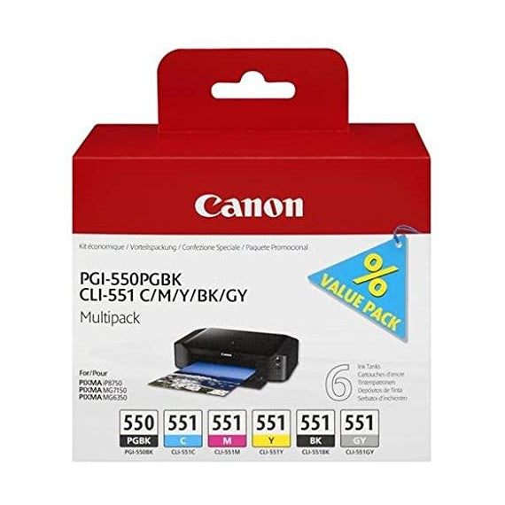 MULTIPACK CANON PGI-550 CLI-551BK/C/M/Y/GY 6496B005 CARTUCCIA ORIGINALE PER CANON IP 7250 MG5450 MG6350 CAPACITA 15MLx1 7MLx5