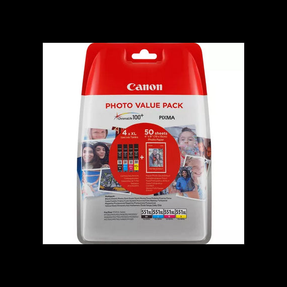 MULTIPACK CLI-551BK-C-M-Y 6443B006 + 50 FOGLI PHOTO 10X15 CARTUCCIA ORIGINALE PER CANON IP 7250 MG5450 MG6350 551XL