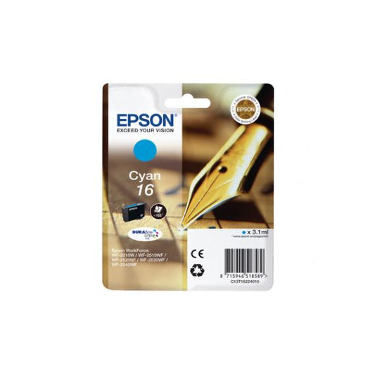 ORIGINALE EPSON T1622 CIANO PER EPSON WF2010W 2510WF 2520NF 2530WF C13T16224010 16 CAPACITA 3,1ML 165 PAGINE