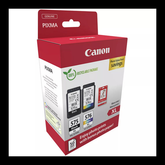 Pack PG-575XL + CL-576XL 5437C006 + 50ff carta foto cartuccia originale per Canon Pixma TS3550i,TS3551i,TR4750i PG575 CL576