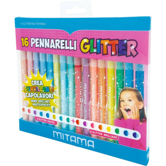 Pennarelli Mitama Glitter e Pastello punta media 3 mm - presa triangolare - colori assortiti conf. 16 pezzi - 62845
