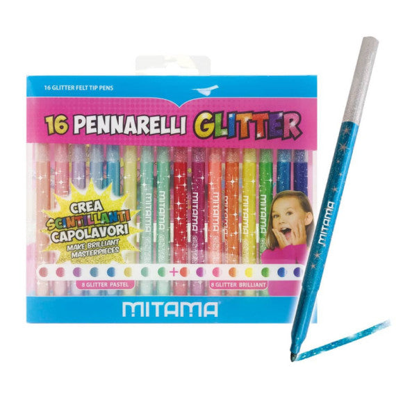 Pennarelli Mitama Glitter e Pastello punta media 3 mm - presa triangolare - colori assortiti conf. 16 pezzi - 62845