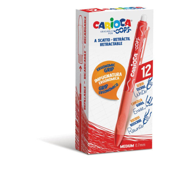 Penne a scatto cancellabili Carioca OOPS inchiostro termosensibile M 0,7 mm conf. da 12 rosso - 43043/03