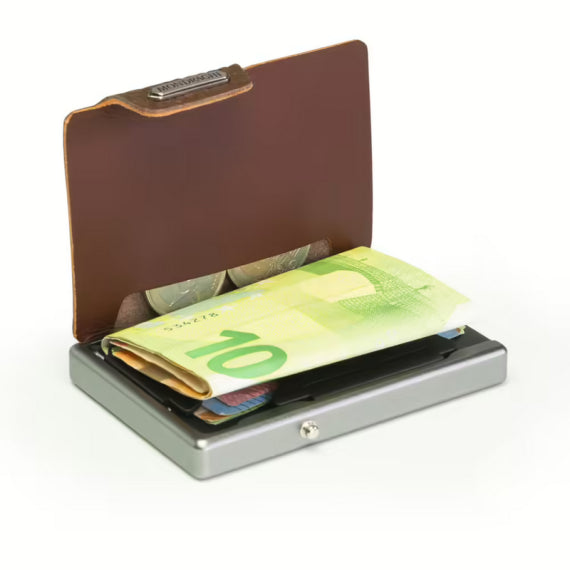 Porta tessere Mondraghi ONE PLUS BROWN con portamonete,mini wallet in pelle con protezione RFID,fino a 9 cards + banconote