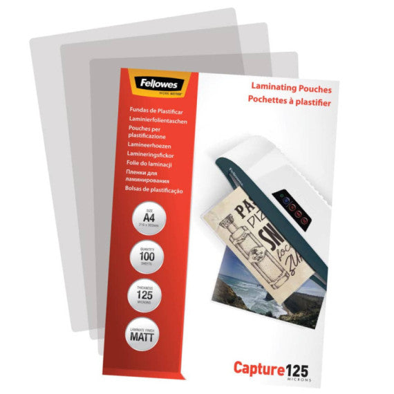 Pouches per plastificatrici Fellowes Standard Capture125 finitura opaca - 2x125 µm - A4 - Conf. 100 pezzi 5328502