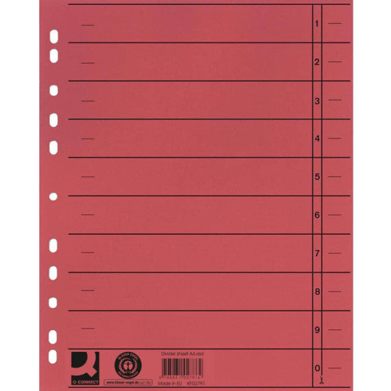 Separatore per archivio con perforazione universale Q-Connect 24x30 cm 230 g/m² rosso conf. da 100 - KF02791