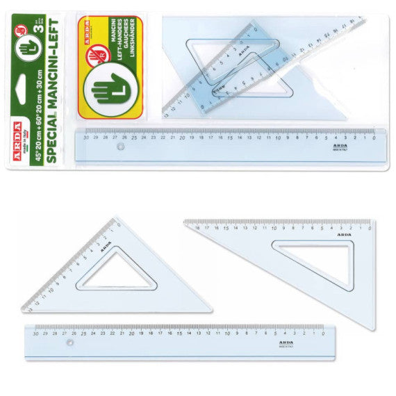 Set disegno 3 pezzi per mancini Arda 2 squadre 45°e 60° + 1 righello 30 cm 70420MAN