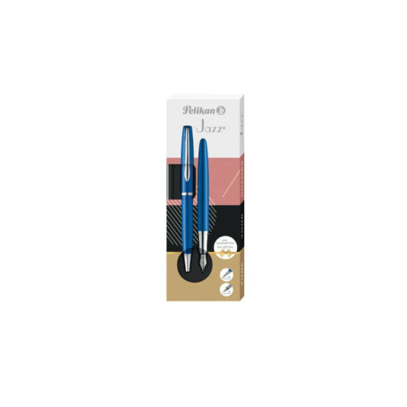 Set penna stilografica e sfera Pelikan Jazz® Noble Elegance blu in cofanetto regalo fusto blu e argento 821902