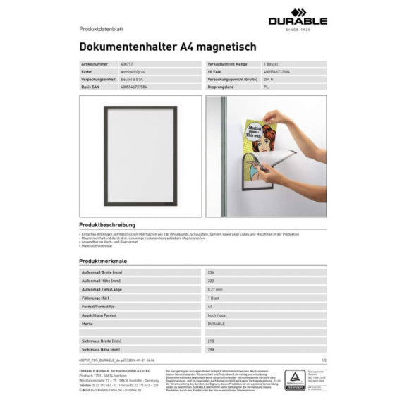 Tasca porta documenti magnetica Durable formato A4 grigio antracite in conf. 5 pz - 4007-58