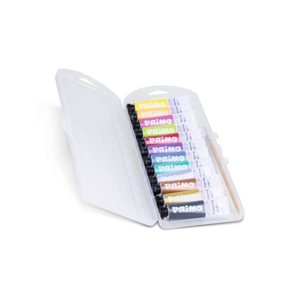 Tempere 12 ml - scatola in polipropilene - 8 tubetti metallizzati, 4 tubetti fluo + 1 pennello Primo assortiti - 450T12F
