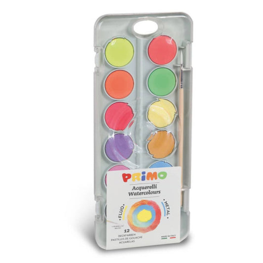Acquerelli speciali Primo Ø 30 mm in conf. da 12 colori fluo e metallizzati assortiti - 115A12FM