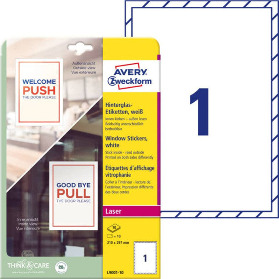 Adesivi per finestre Avery in carta con pellicola plastificatrice in conf. da 10 pz 210x297 mm - L9001-10