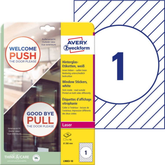 Adesivi tondi per finestre Avery in carta con pellicola plastificatrice in conf. da 10 pz Avery Ø200 mm - L9003-10