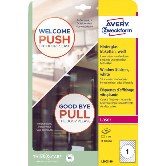 Adesivi tondi per finestre Avery in carta con pellicola plastificatrice in conf. da 10 pz Avery Ø200 mm - L9003-10