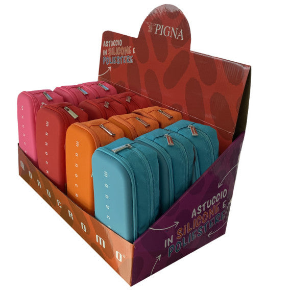 Astuccio 2 zip Monocromo -  21 x 5 x 9 cm - silicone/poliestere - colori assortiti - Pigna
