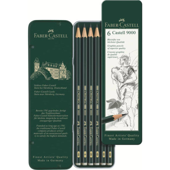 Astuccio in metallo 6 matite Faber-Castell 9000 - gradazioni assortite - 119063