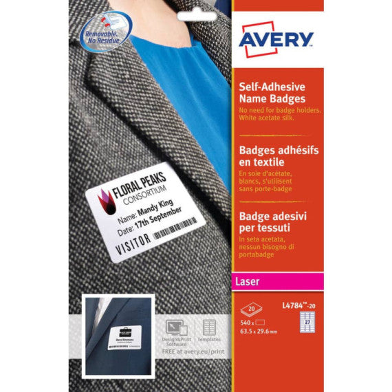 Badge adesivi in seta acetata AVERY 63,5x29,6 mm 20 fogli - L4784-20