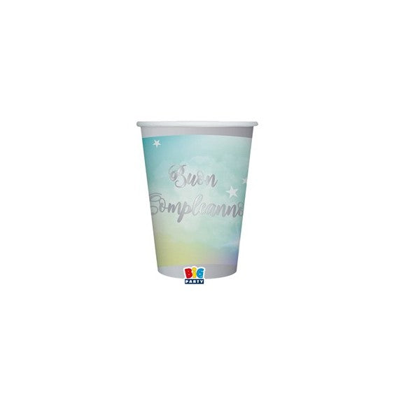Bicchiere Soft Rainbow - Buon Compleanno - 200 ml - carta - Big Party - conf. 8 pezzi