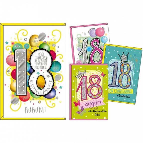 Biglietti augurali Kartos 18° compleanno 11,7x17 cm - Maschio e femmina - Conf. 12 pezzi  - 07551902