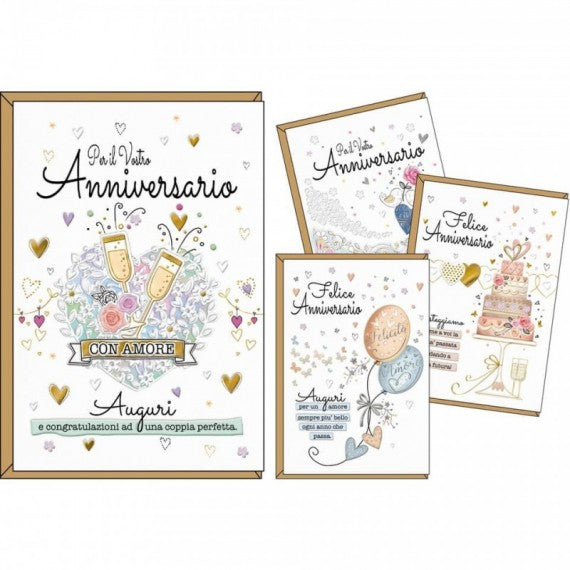 Biglietti augurali  Kartos Felice anniversario 11,7x17 cm - Soggetti vintage - Conf. 12 pezzi - 17985607