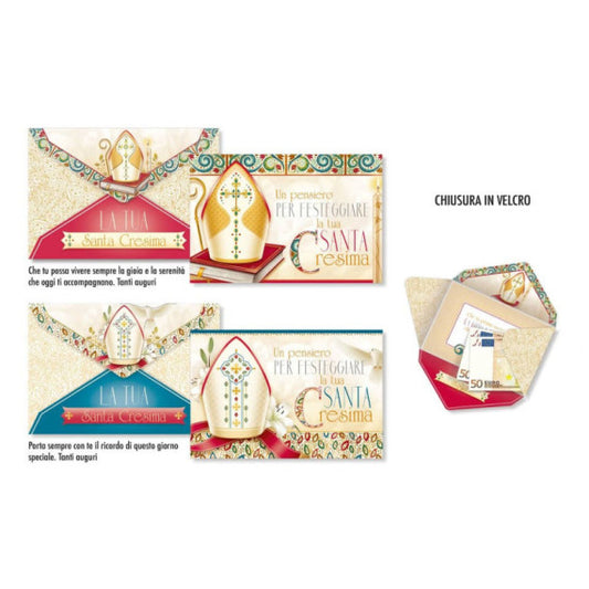 Biglietti augurali portasoldi Cresima Cromo con velcro - conf. da 12 - assortiti - CR.8188