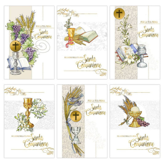 Biglietti augurali Prima Comunione Biembi Oro 12x18 cm conf. da 6 pezzi assortiti - Comunione - BXBDKTC01