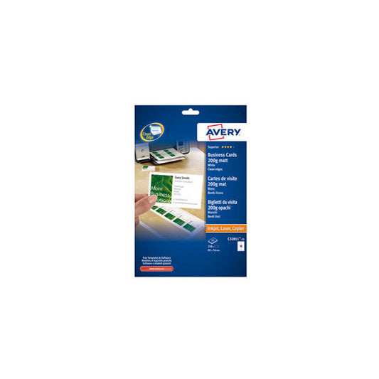 Biglietti da visita - 85 x 54 mm - 200 gr - effetto opaco - bianco - Avery - conf. 25 fogli da 10 biglietti