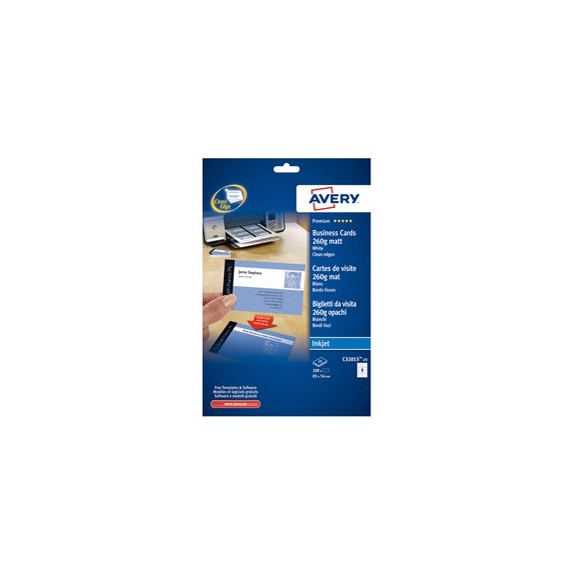 Biglietti da visita - 85 x 54 mm - 260 gr - effetto opaco - bianco - Avery - conf. 25 fogli da 8 biglietti
