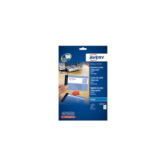 Biglietti da visita - 85 x 54 mm - 260 gr - effetto opaco - bianco - Avery - conf. 25 fogli da 8 biglietti