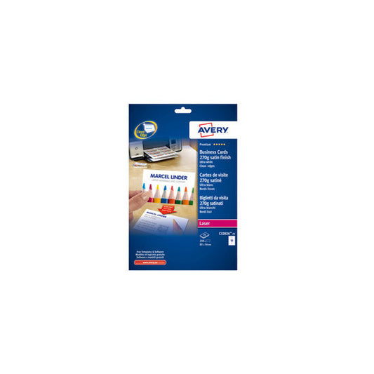Biglietti da visita - 85 x 54 mm - 270 gr - effetto satinata - bianco - Avery - conf. 25 fogli da 10 biglietti