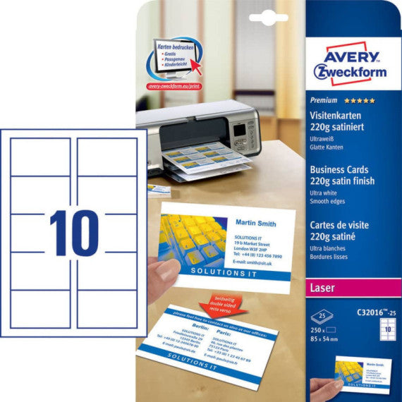Biglietti da visita personalizzabili Avery Quick&Clean? 85x54 mm 10/foglio satinati - laser - cf. 25 ff C32016-25